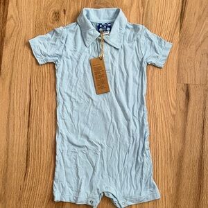 NWT! Kicky Pants light blue bamboo collared short sleeve romper sz 18 to /4 mos